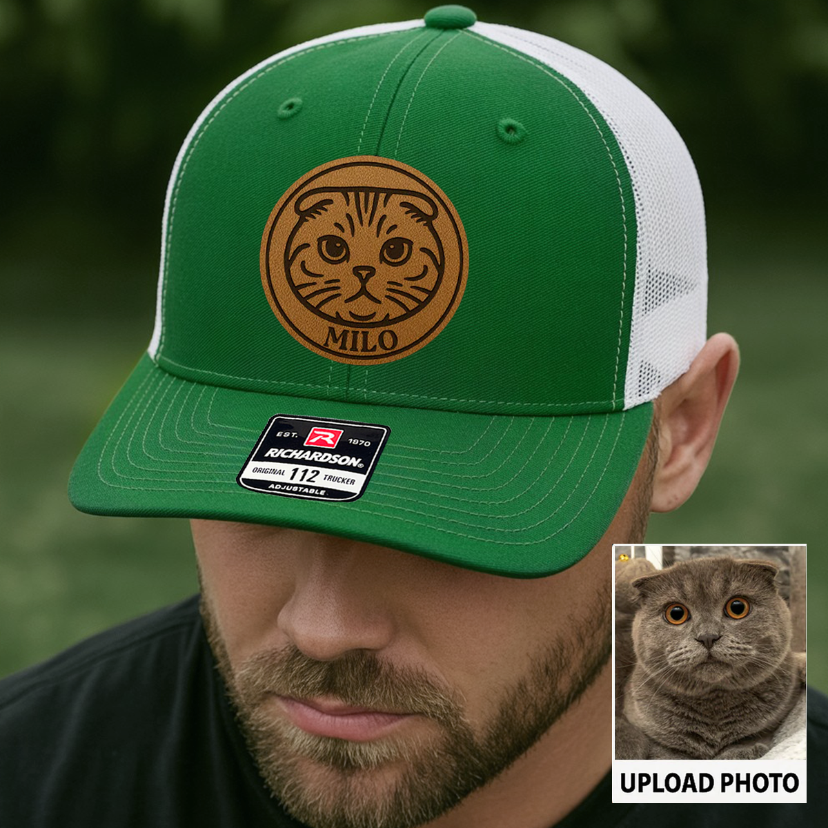 Custom Cat Photo Trucker Hat | Personalized Pet Patch Leather Patch Hat | Cat Memorial Gift TNGANSP029