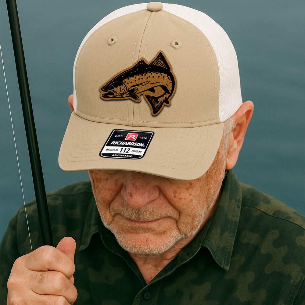 Custom Fishing Trucker Hat – Personalized Leather Patch Gift for Fishermen and Dads THUC99MF30