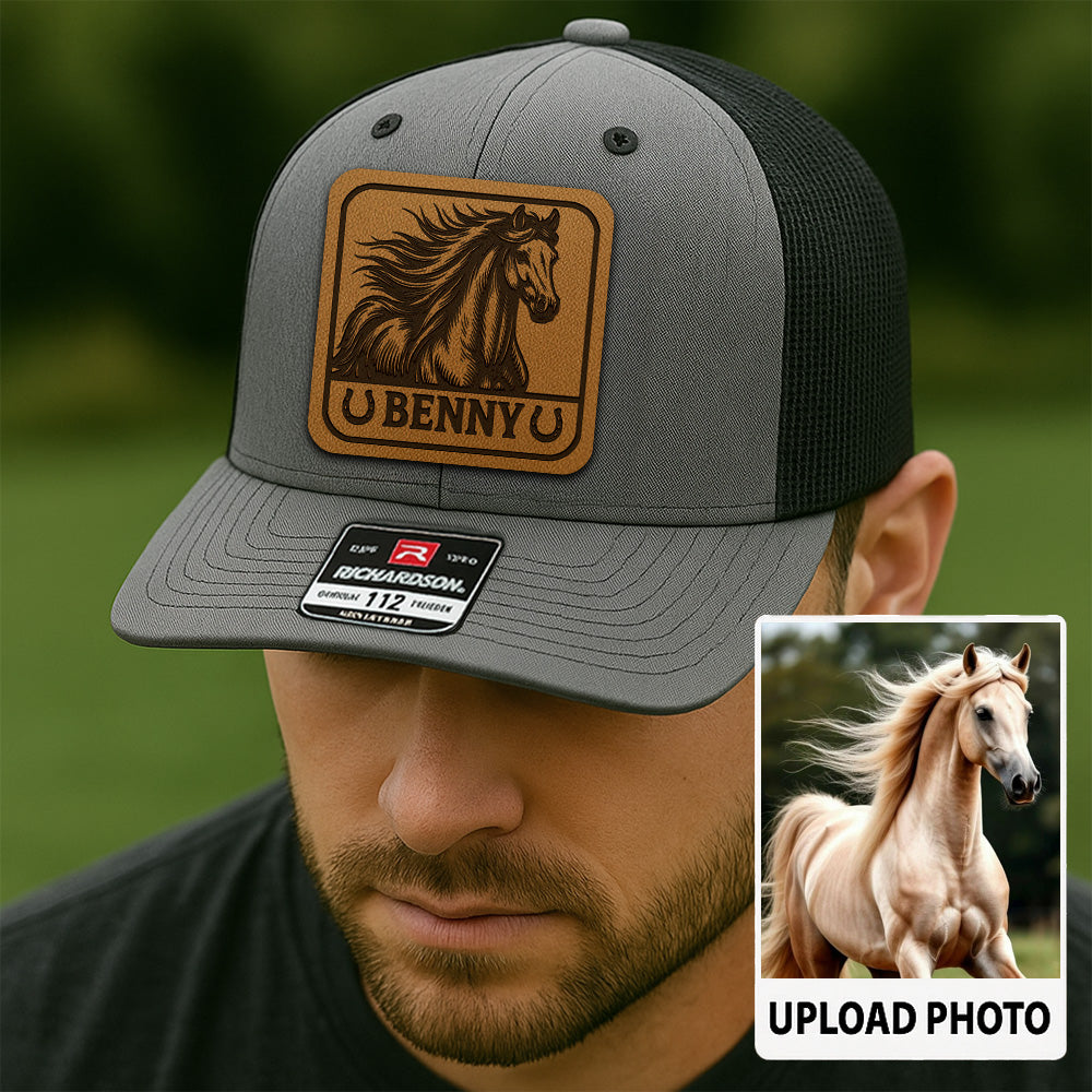 Personalized Horse Photo Leather Patch Hat | Custom Pet Photo Trucker Hat| Pet Face Hat Farm Lovers Gift THUC99P16