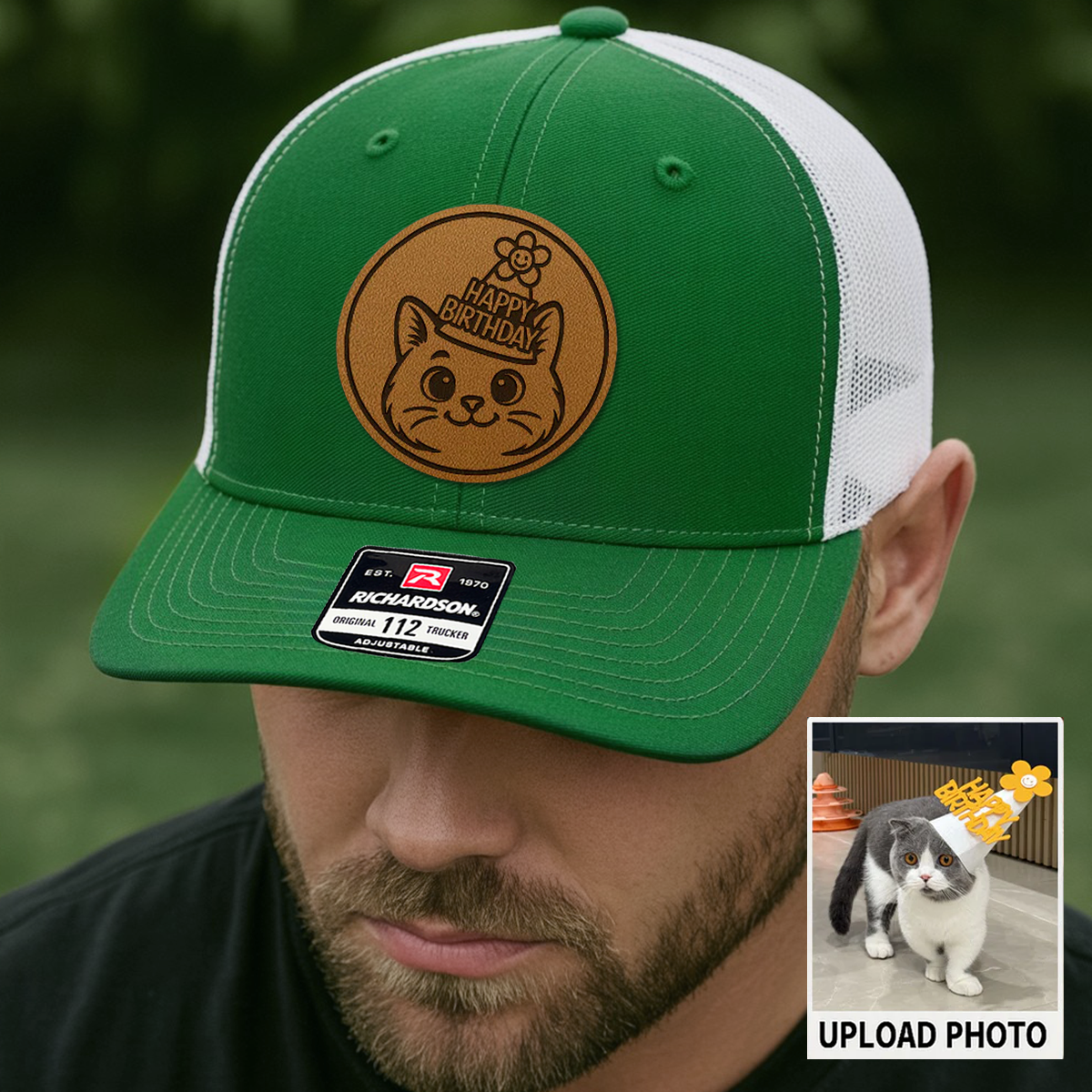 Custom Cat Photo Trucker Hat | Personalized Pet Patch Leather Patch Hat | Cat Memorial Gift TNGANSP025
