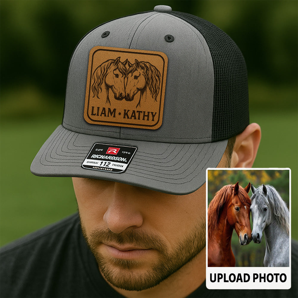 Personalized Horse Photo Leather Patch Hat | Custom Horse Photo Trucker Hat | Gift For Pet Owners THUC99P11