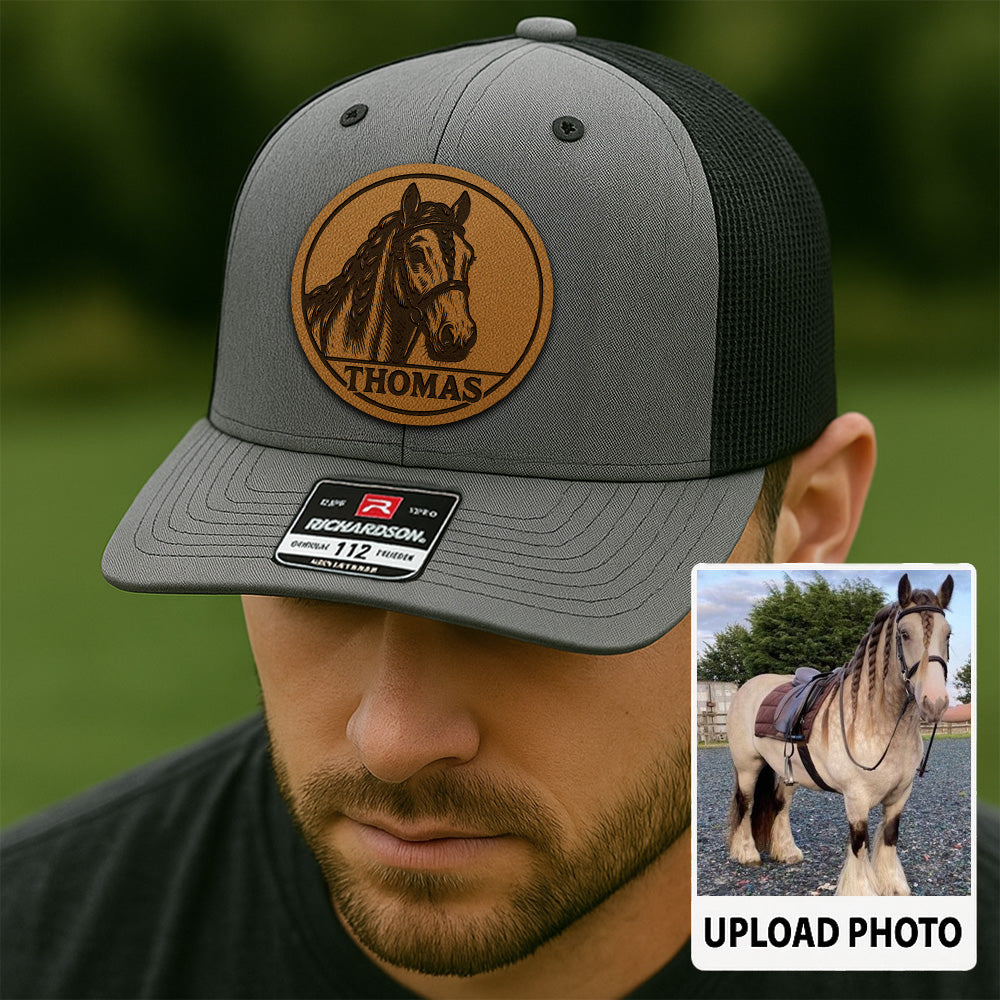 Personalized Horse Photo Leather Patch Hat | Custom Pet Photo Trucker Hat | Leather Patch Horse Hat  Farm Gift THUC9906