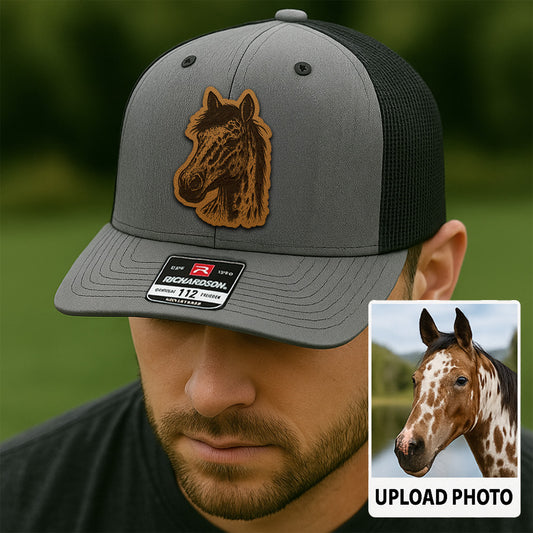 Custom Pet Photo Trucker Hat – Personalized Leather Patch Hat – Horse Portrait Gift – Custom Pet Face Hat P99A21