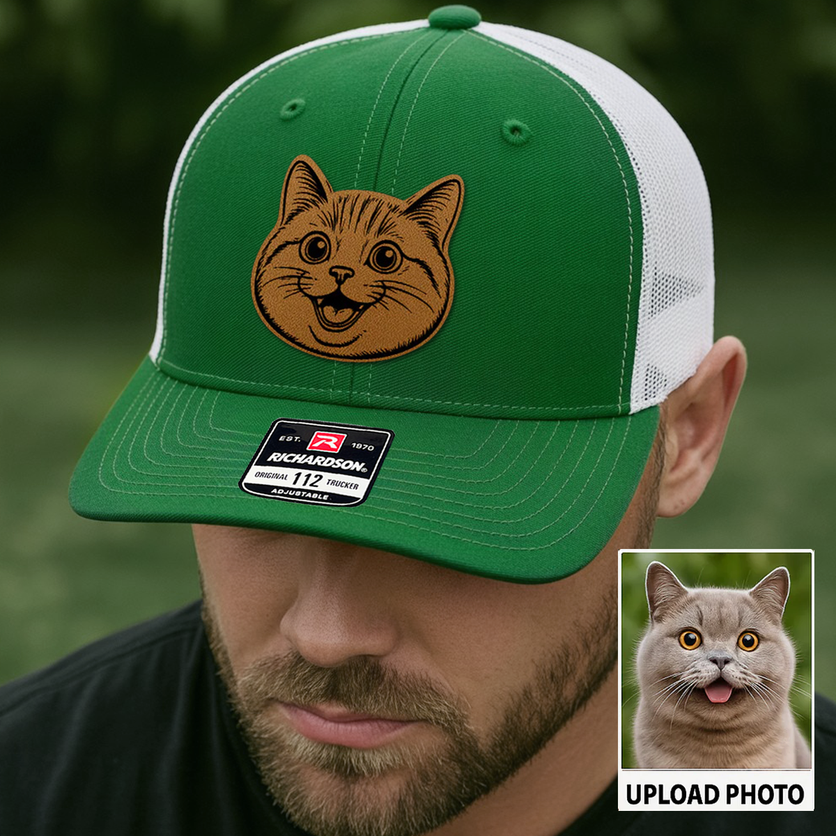 Custom Pet Photo Trucker Hat – Personalized Leather Patch Hat – Cat Portrait Gift – Custom Pet Face Hat P99A15