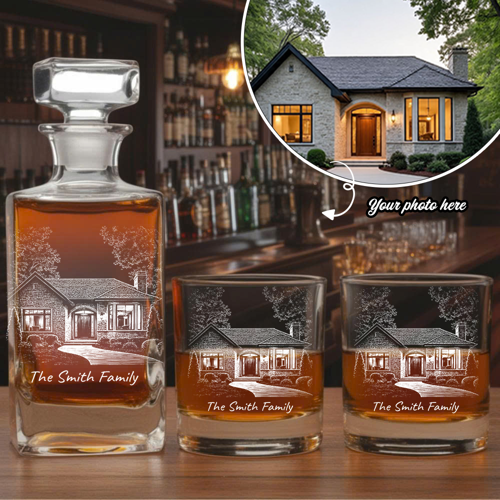 Custom Photo House Whiskey Decanter Set, Personalized Family Gift THUC99