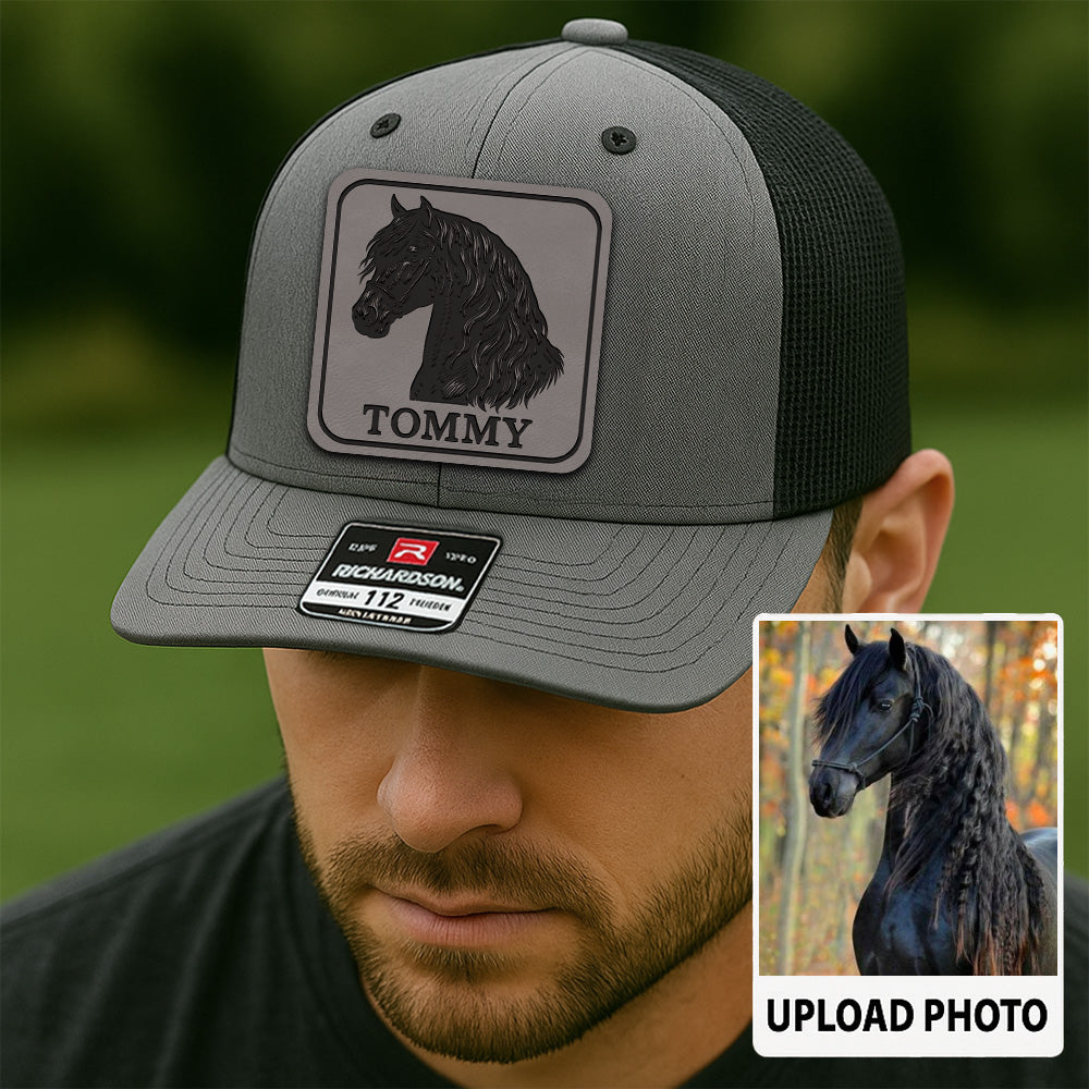 Custom Pet Photo Trucker Hat | Personalized Horse Photo Leather Patch Hat | Horse Portrait Gift THUC99P15