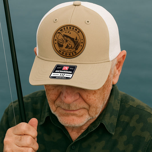 Personalized Fishing Trucker Hat – Custom Fish Leather Patch Hat – Gift for Dad, Husband, or Grandpa THUC99MF22