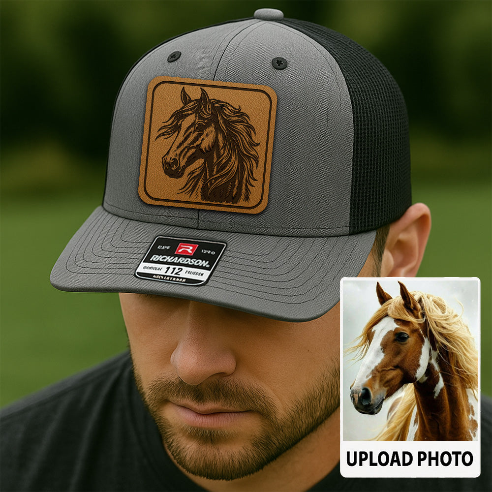 Personalized Horse Photo Leather Patch Hat | Custom Pet Photo Trucker Hat | Horse Head Farm Leather Patch Hat THUC9904
