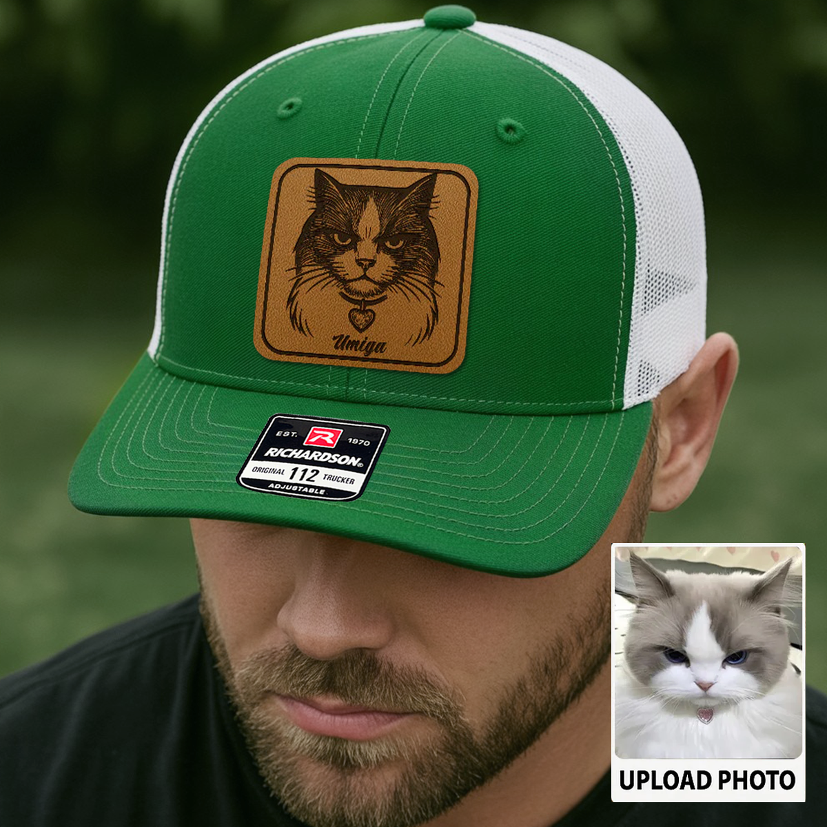 Custom Cat Photo Trucker Hat | Personalized Cat Patch Leather Patch Hat | Gift For Cat Lovers TNGANSP026