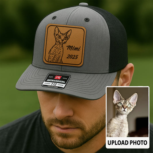 Custom Cat Photo Leather Patch Hat | Gift For Cat Lovers | Personalized Cat Memorial Trucker Hat TNGANSP014