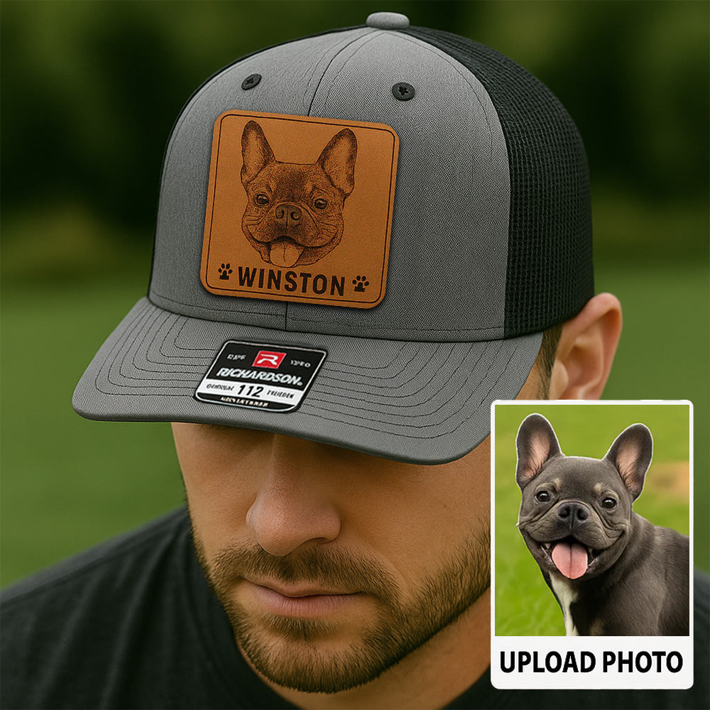 Custom Pet Photo Trucker Hat – Personalized Leather Patch Hat – Dog Dad Gift – Custom Pet Memorial Hat - Dog Gift - Engraved Hat NGOC99A4