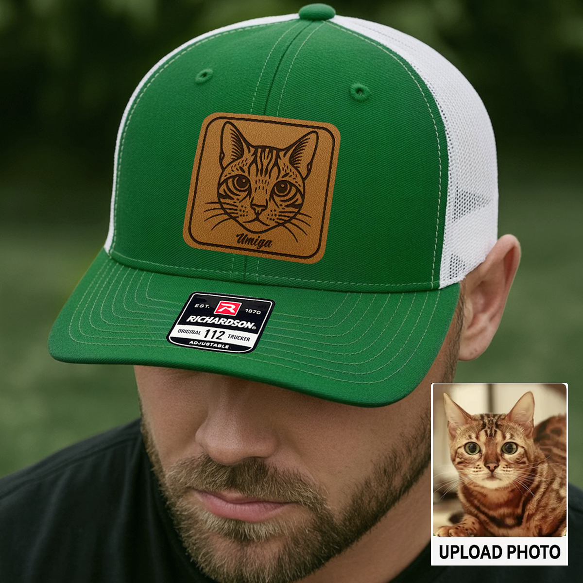 Custom Cat Photo Trucker Hat | Personalized Cat Patch Leather Patch Hat | Gift For Cat Lovers TNGANSP034
