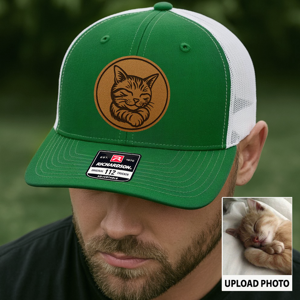 Custom Cat Photo Trucker Hat | Personalized Cat Photo Leather Patch Hat | Gift For Cat Lover TNGANSP033