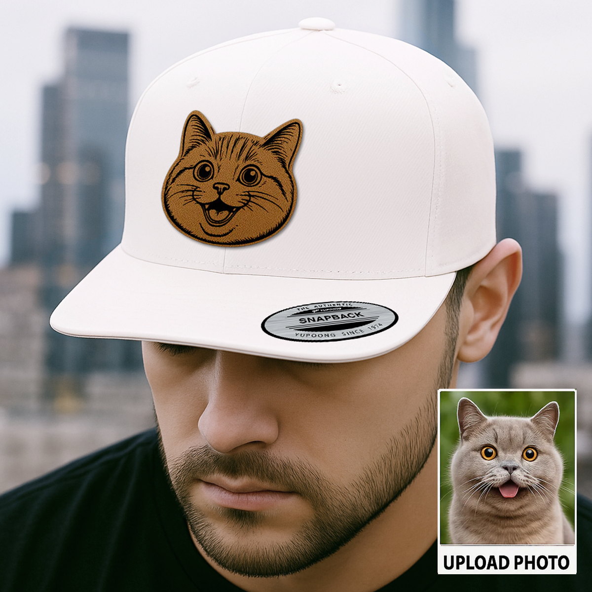 Custom Pet Photo Trucker Hat – Personalized Leather Patch Hat – Cat Portrait Gift – Custom Pet Face Hat P99A15