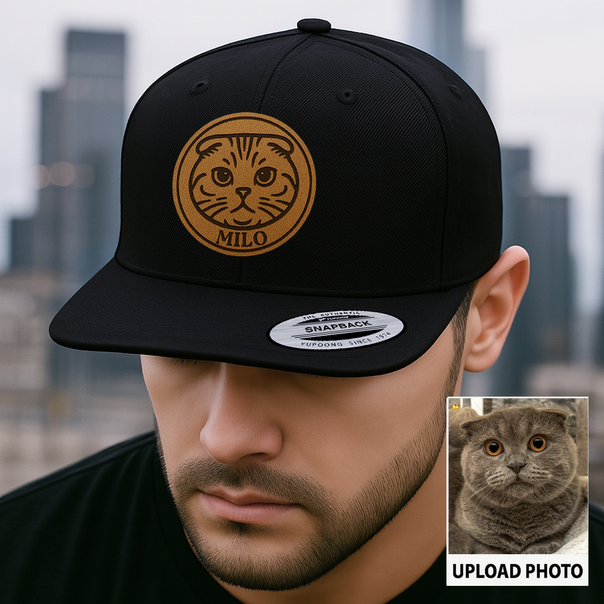 Custom Cat Photo Trucker Hat | Personalized Pet Patch Leather Patch Hat | Cat Memorial Gift TNGANSP029