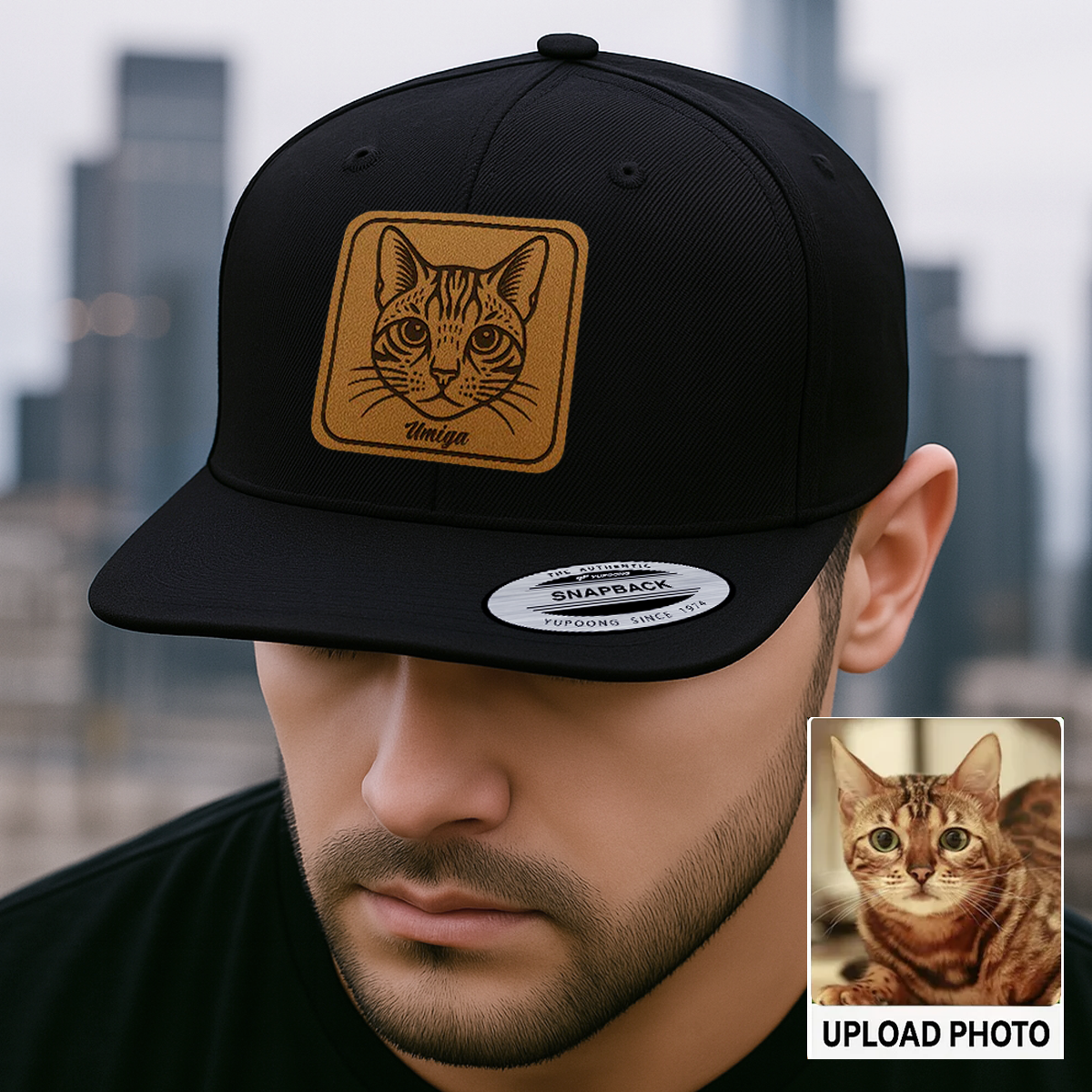 Custom Cat Photo Trucker Hat | Personalized Cat Patch Leather Patch Hat | Gift For Cat Lovers TNGANSP034