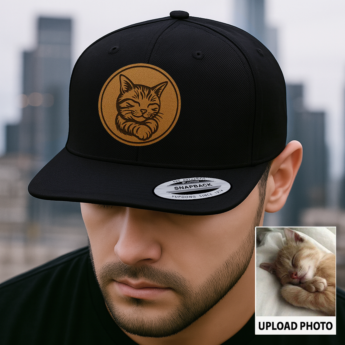 Custom Cat Photo Trucker Hat | Personalized Cat Photo Leather Patch Hat | Gift For Cat Lover TNGANSP033