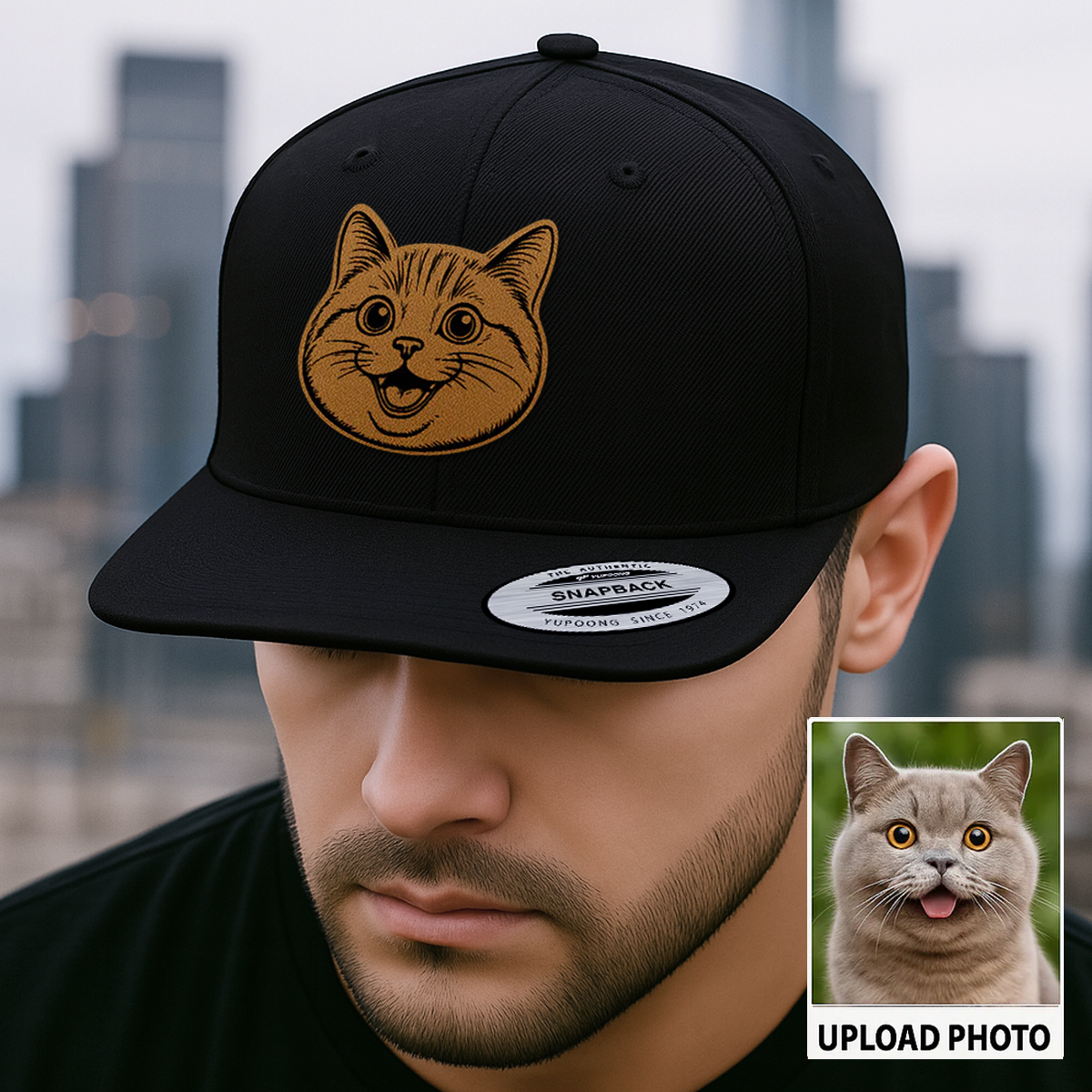 Custom Pet Photo Trucker Hat – Personalized Leather Patch Hat – Cat Portrait Gift – Custom Pet Face Hat P99A15
