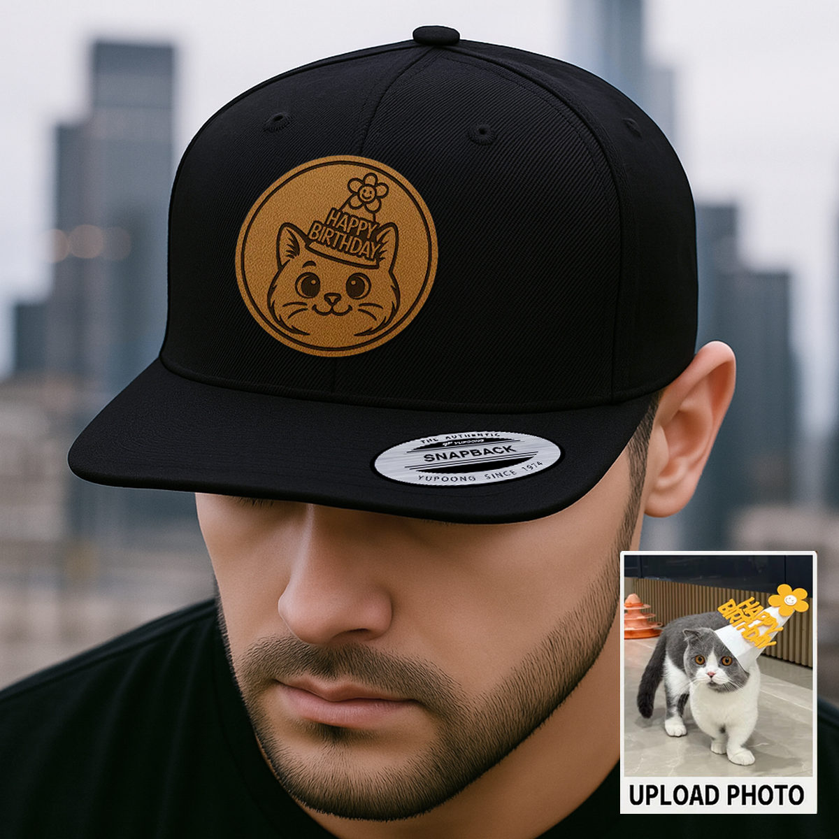 Custom Cat Photo Trucker Hat | Personalized Pet Patch Leather Patch Hat | Cat Memorial Gift TNGANSP025
