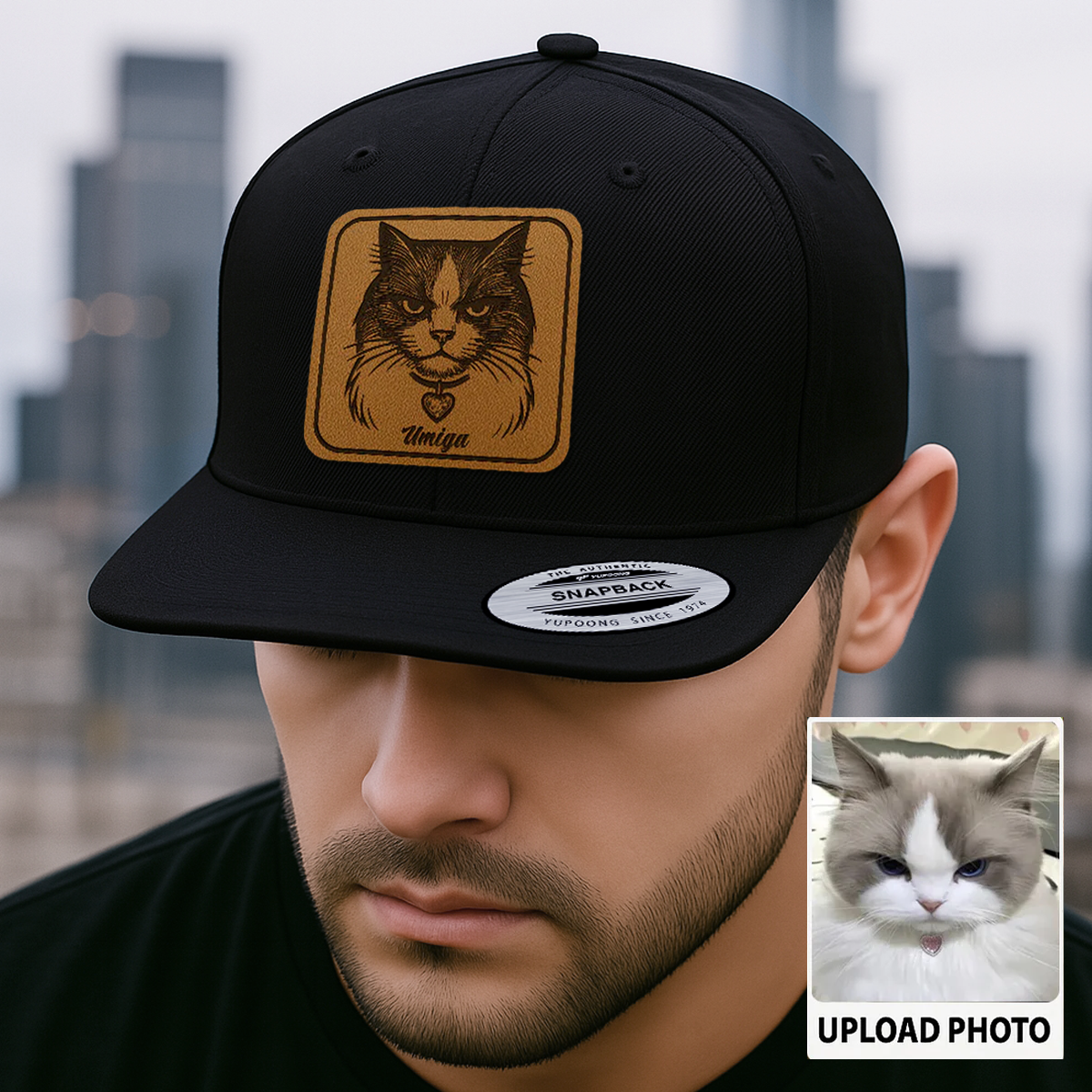 Custom Cat Photo Trucker Hat | Personalized Cat Patch Leather Patch Hat | Gift For Cat Lovers TNGANSP026