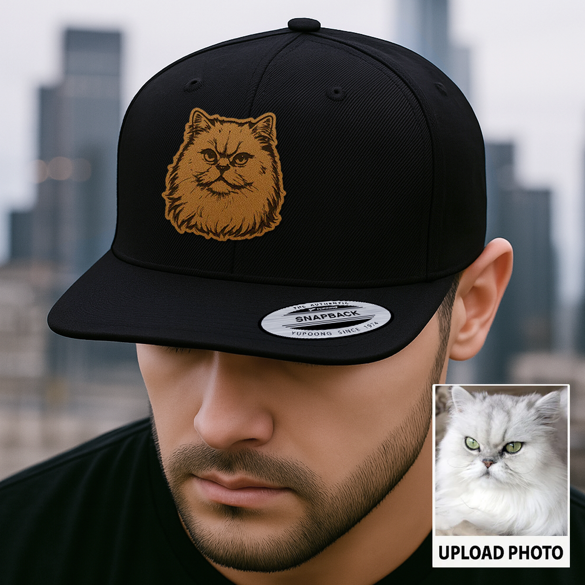Custom Cat Photo Trucker Hat | Personalized Cat Photo Leather Patch Hat | Gift For Cat Lover TNGANSP031