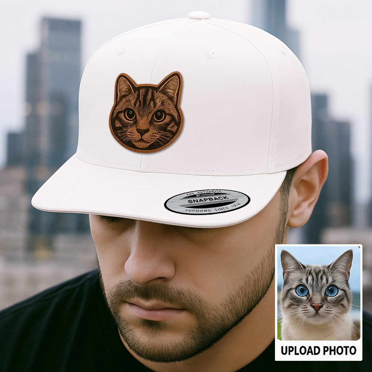Custom Pet Photo Trucker Hat – Personalized Leather Patch Hat – Cat Dad Gift – Custom Pet Memorial Hat - Cat Gift - Engraved Hat NGOC99A5