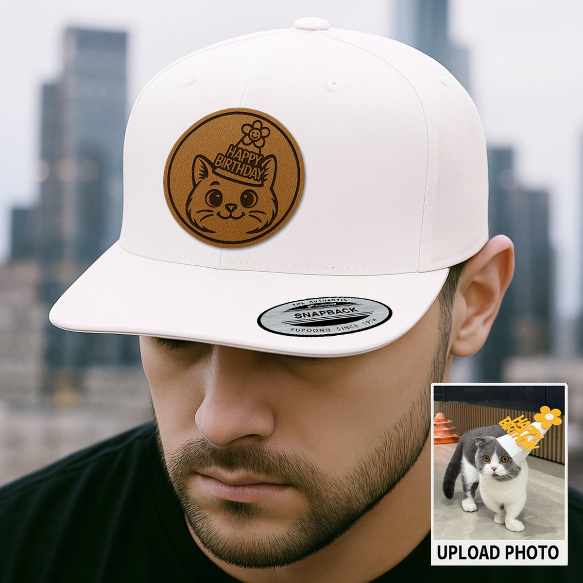 Custom Cat Photo Trucker Hat | Personalized Pet Patch Leather Patch Hat | Cat Memorial Gift TNGANSP025
