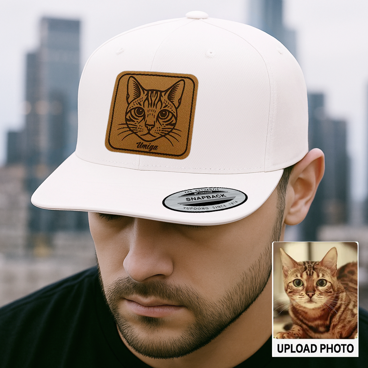 Custom Cat Photo Trucker Hat | Personalized Cat Patch Leather Patch Hat | Gift For Cat Lovers TNGANSP034