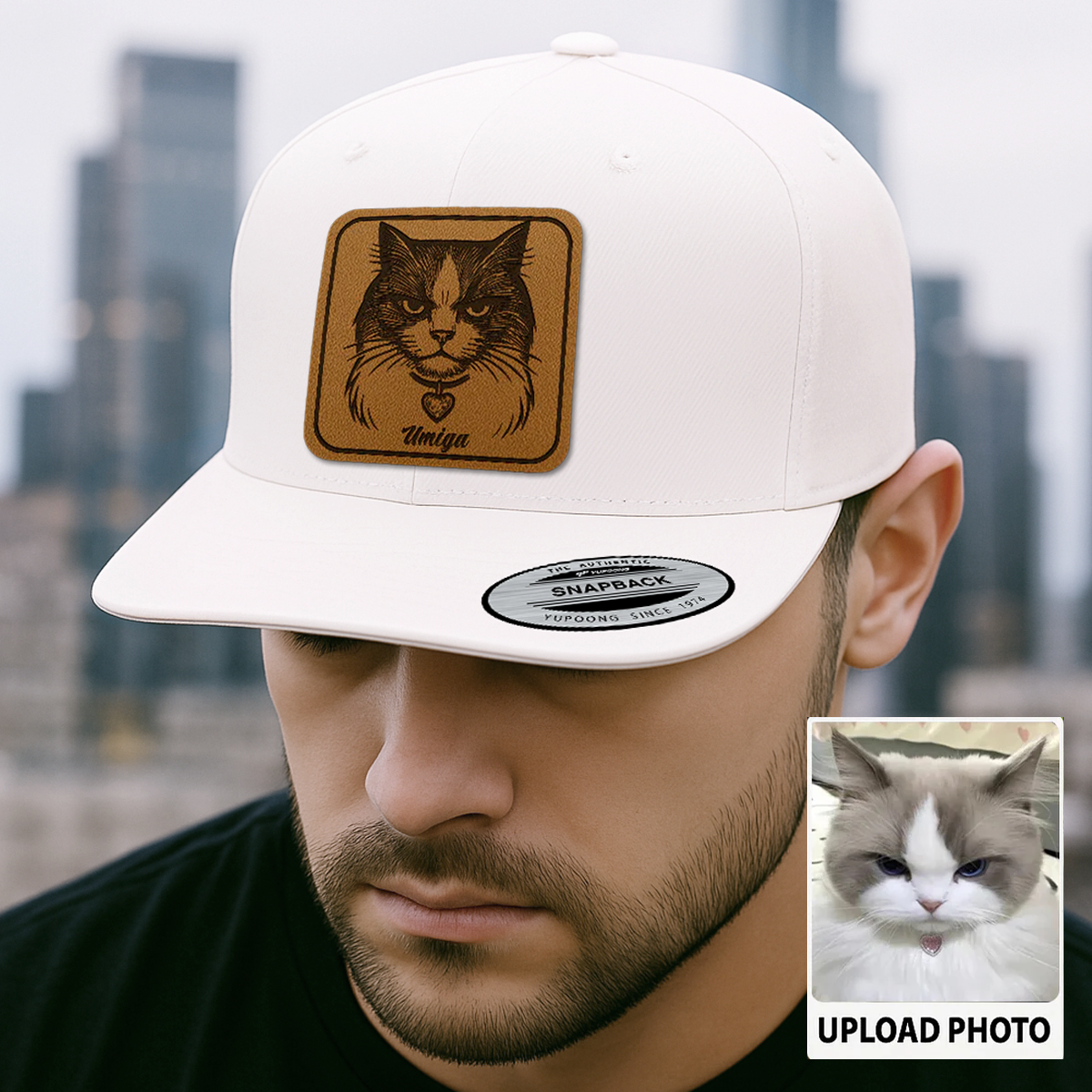 Custom Cat Photo Trucker Hat | Personalized Cat Patch Leather Patch Hat | Gift For Cat Lovers TNGANSP026