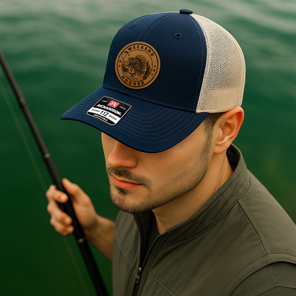 Personalized Fishing Trucker Hat – Custom Weekend Hooker Leather Patch Hat Design – Gift for Fishermen THUC99MF02