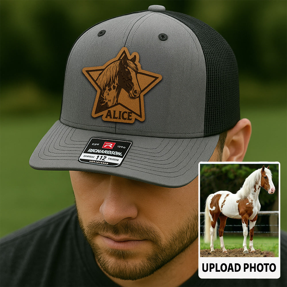 Personalized Horse Photo Leather Patch Hat | Custom Pet Photo Trucker Hat | Unique Gift For Horse Lovers THUC9909