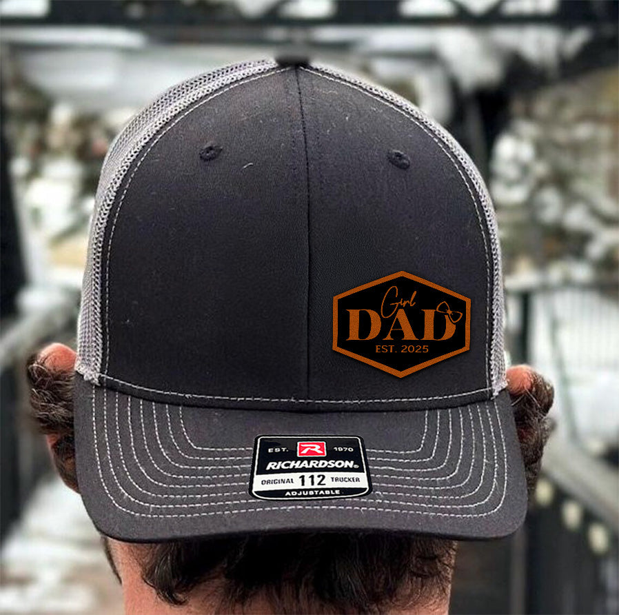 Girl Dad Leather Patch Hat, New Dad Gift, First Father’s Day Hat, Custom Trucker Hat, Baby Girl Announcement Gift – Est. Year Cap NGOC99