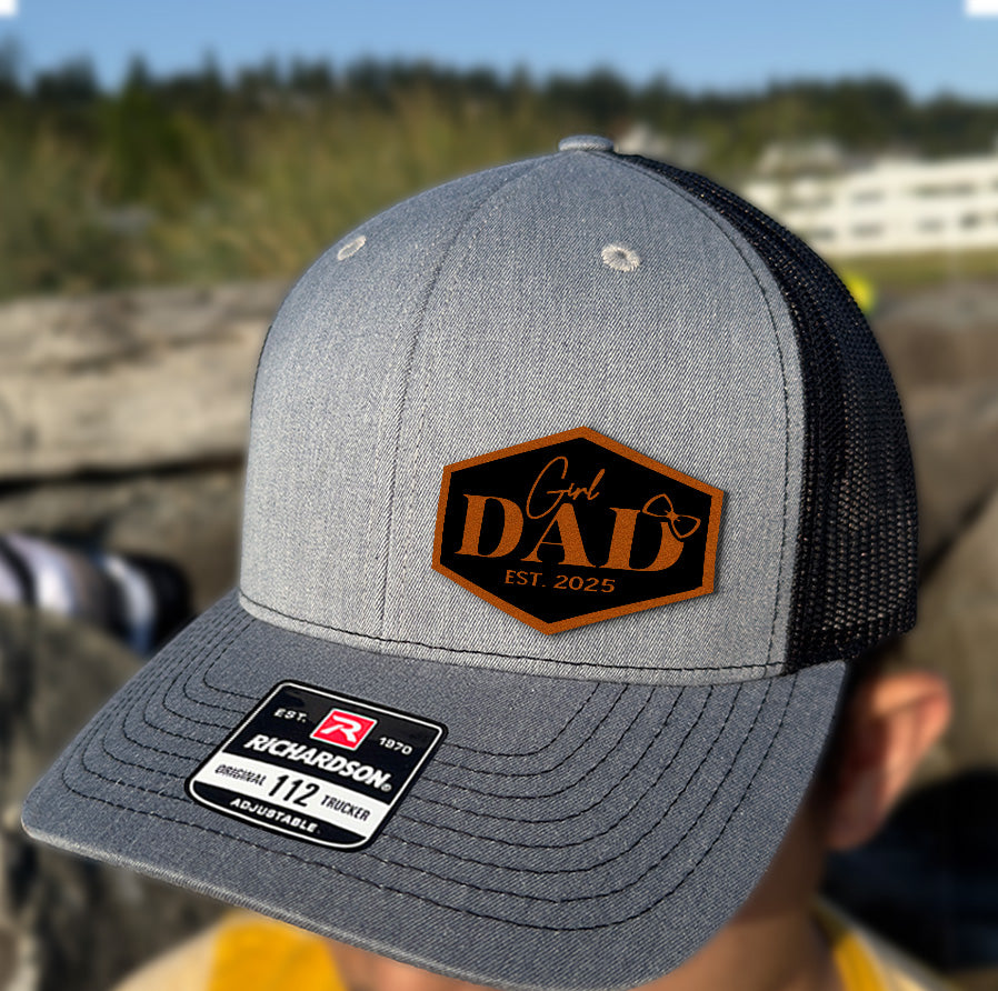 Girl Dad Leather Patch Hat, New Dad Gift, First Father’s Day Hat, Custom Trucker Hat, Baby Girl Announcement Gift – Est. Year Cap NGOC99