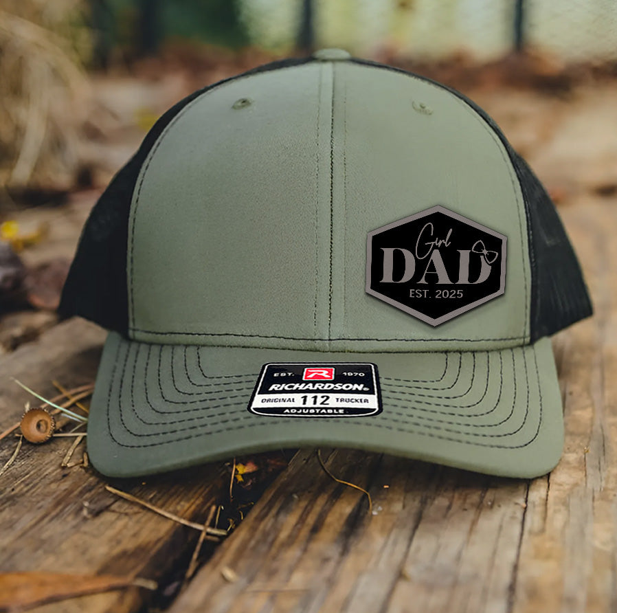 Girl Dad Leather Patch Hat, New Dad Gift, First Father’s Day Hat, Custom Trucker Hat, Baby Girl Announcement Gift – Est. Year Cap NGOC99