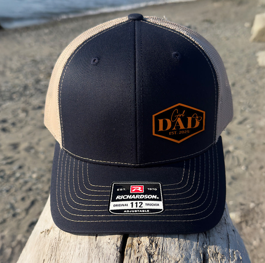 Girl Dad Leather Patch Hat, New Dad Gift, First Father’s Day Hat, Custom Trucker Hat, Baby Girl Announcement Gift – Est. Year Cap NGOC99