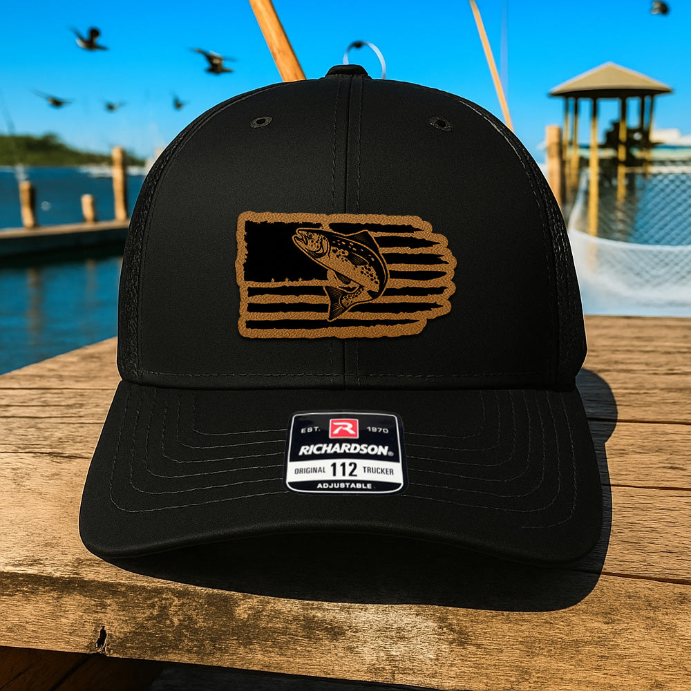 Personalized Fishing Leather Patch Trucker – American Flag Edition – Gift for Outdoorsmen THUC99MF03