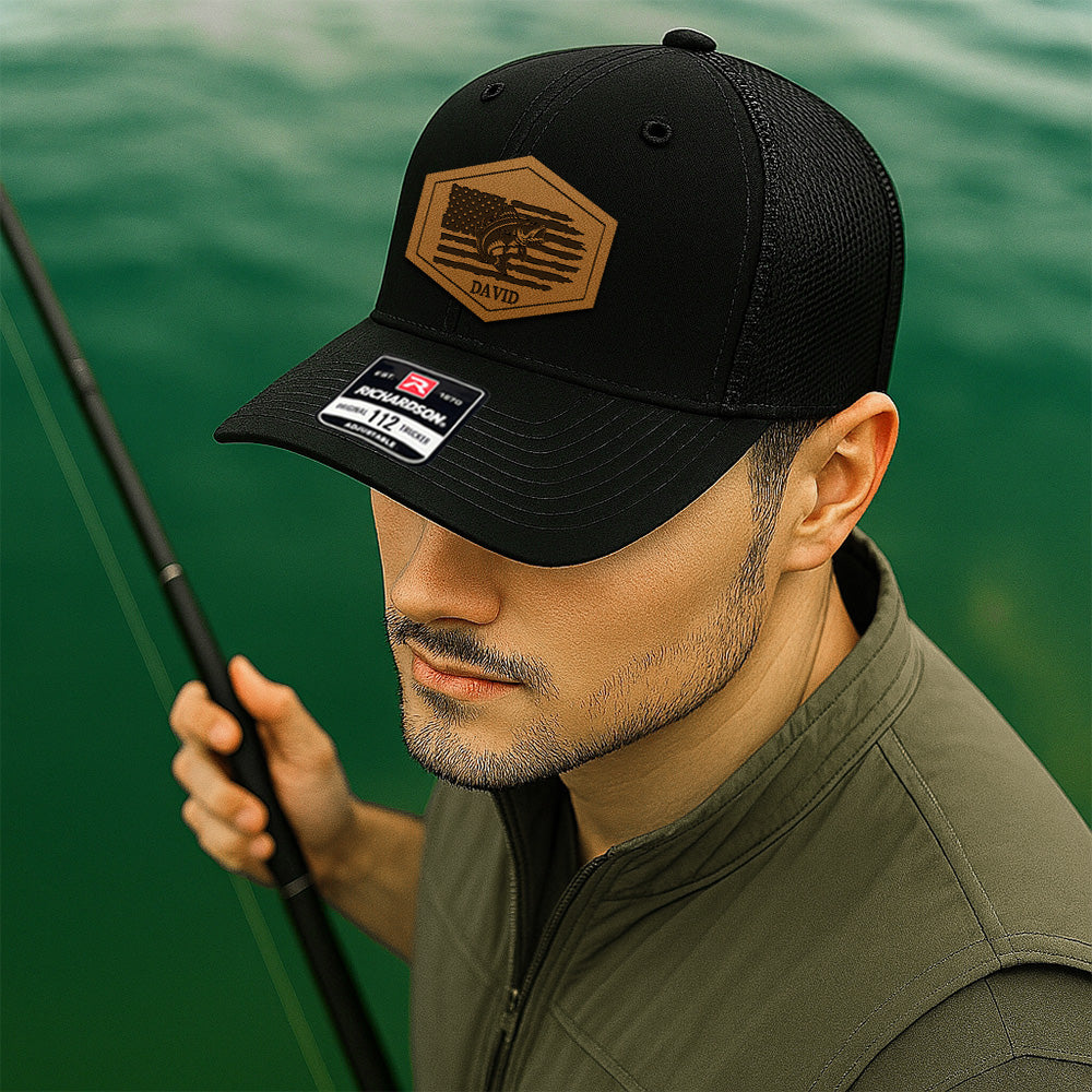 Custom Name Logo Fishing American Flag Hat – Personalized Leather Patch Hat Gift For Fishman THUC99MF03