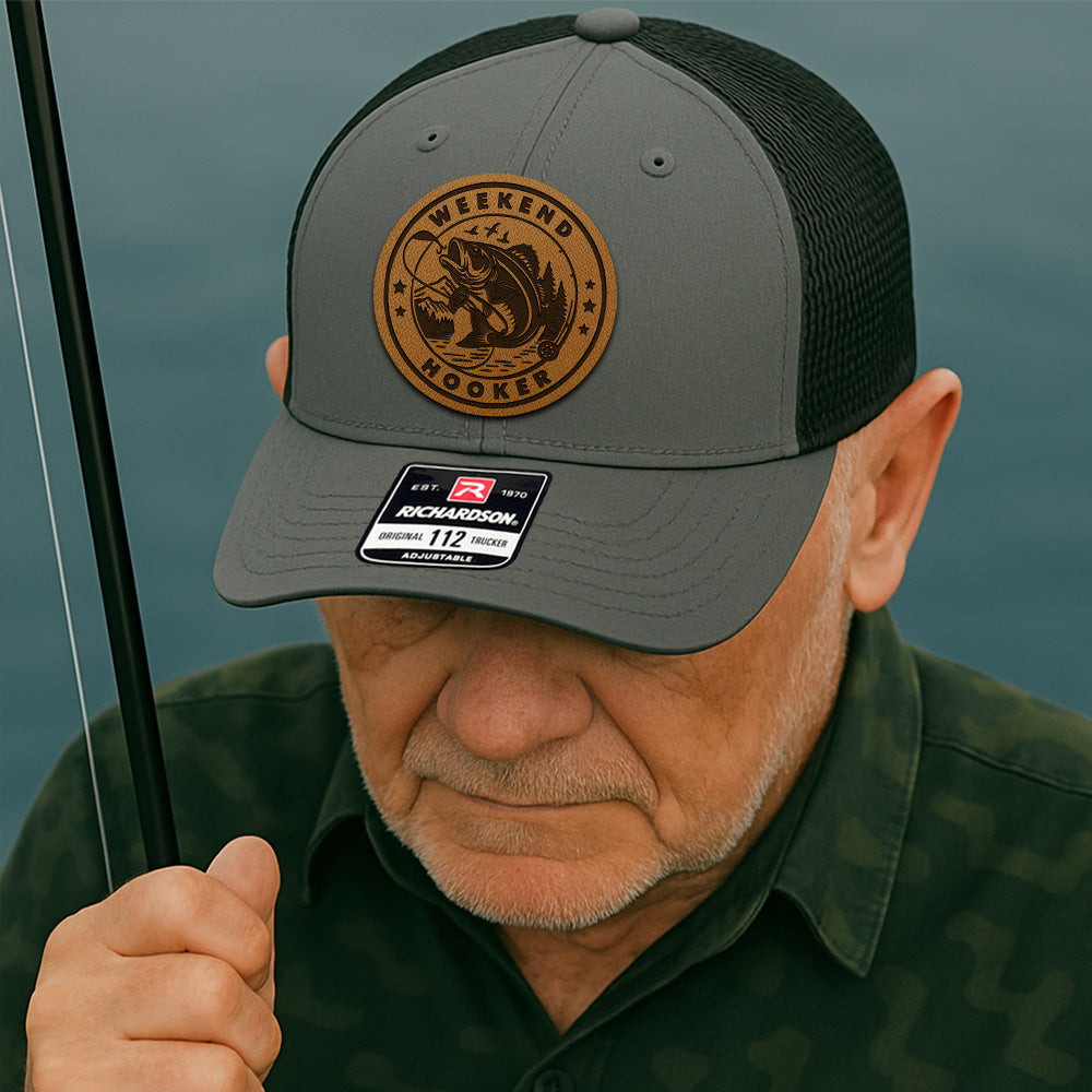 Personalized Fishing Leather Patch Hat – Custom Engraved Trucker – Perfect Gift for Husband, Dad, or Brother THUC99MF24