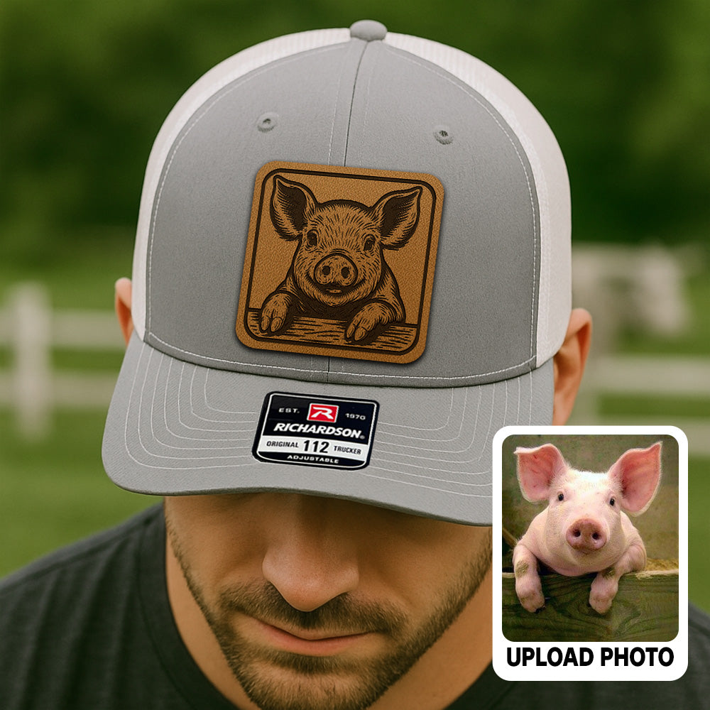 Personalized Pig Photo Leather Patch Hat | Custom Farm Trucker Hat | Gift For Farm Lover THUC99