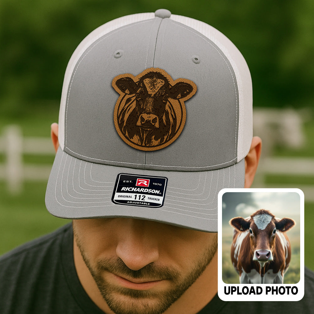Personalized Cow Photo Leather Patch Hat | Custom Farm Trucker Hat | Gift For Farm Lover THUC99