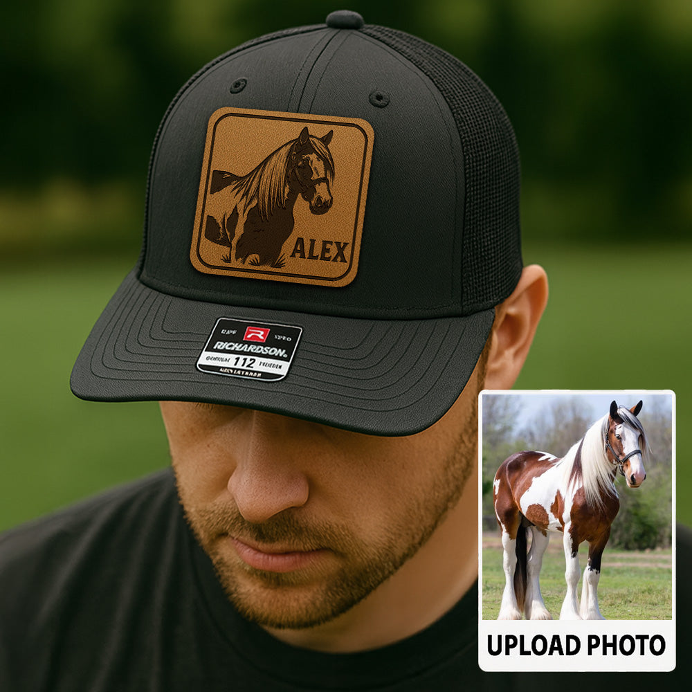 Personalized Horse Photo Leather Patch Hat | Custom Pet Photo Trucker Hat | Horse Portrait Trucker Hat Farm Lovers THUC99P02