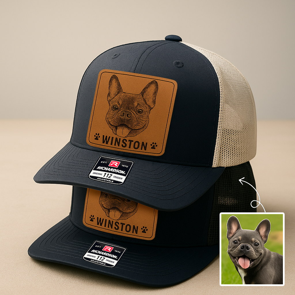 Custom Pet Photo Trucker Hat – Personalized Leather Patch Hat – Dog Dad Gift – Custom Pet Memorial Hat - Dog Gift - Engraved Hat NGOC99A4
