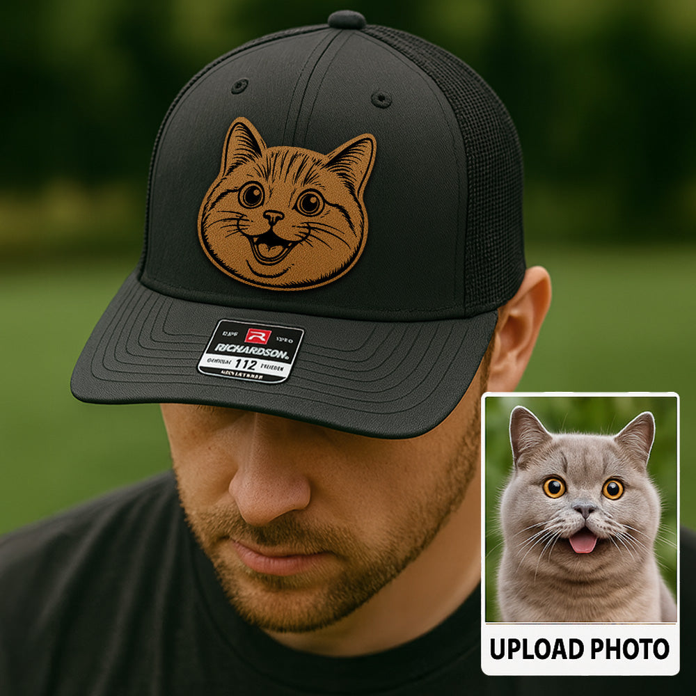Custom Pet Photo Trucker Hat – Personalized Leather Patch Hat – Cat Portrait Gift – Custom Pet Face Hat P99A15