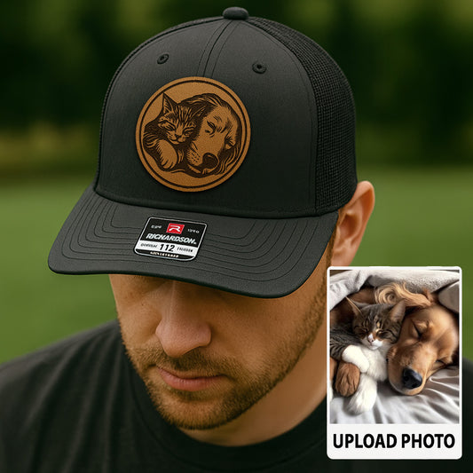 Custom Pet Photo Trucker Hat | Personalized Dog & Cat Patch Leather Patch Hat | Gift For Pet Lovers TNGANSP016