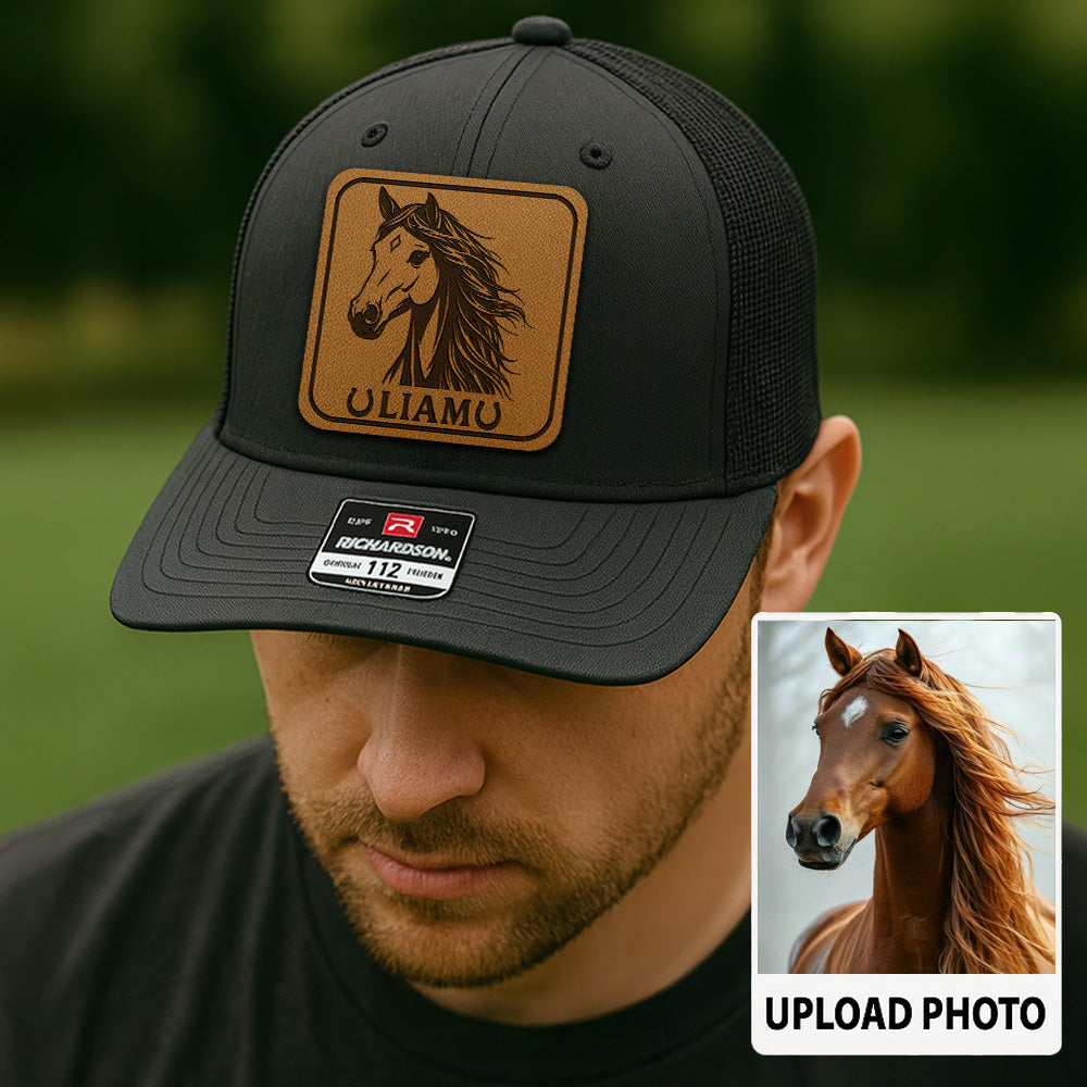 Personalized Horse Photo Leather Patch Hat | Custom Horse Photo Trucker Hat | Gift For Horse Farm Lovers THUC99P01