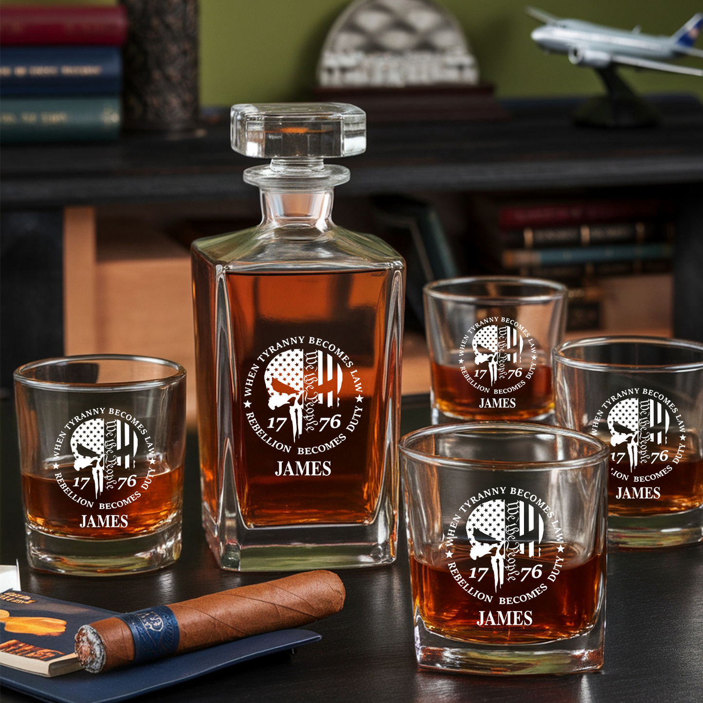 Personalized When Tyranny Becomes Law Rebellion Become Duty Decanter and Glasses Set, Patriotic Gift for Veterans, Gift For Independence Day TND095