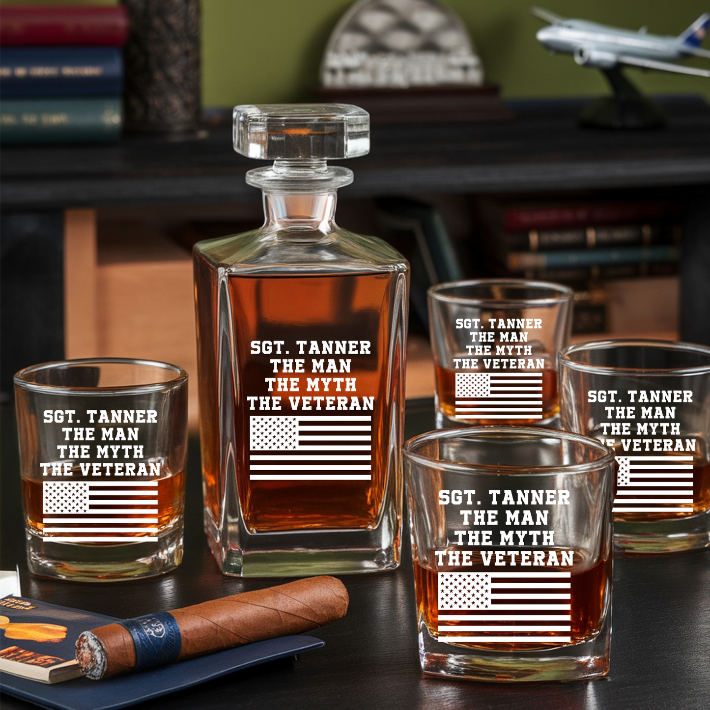 Personalized US Veteran Whiskey Decanter Gift Set | American Flag Whiskey Glass | Patriotic Gift for Veterans