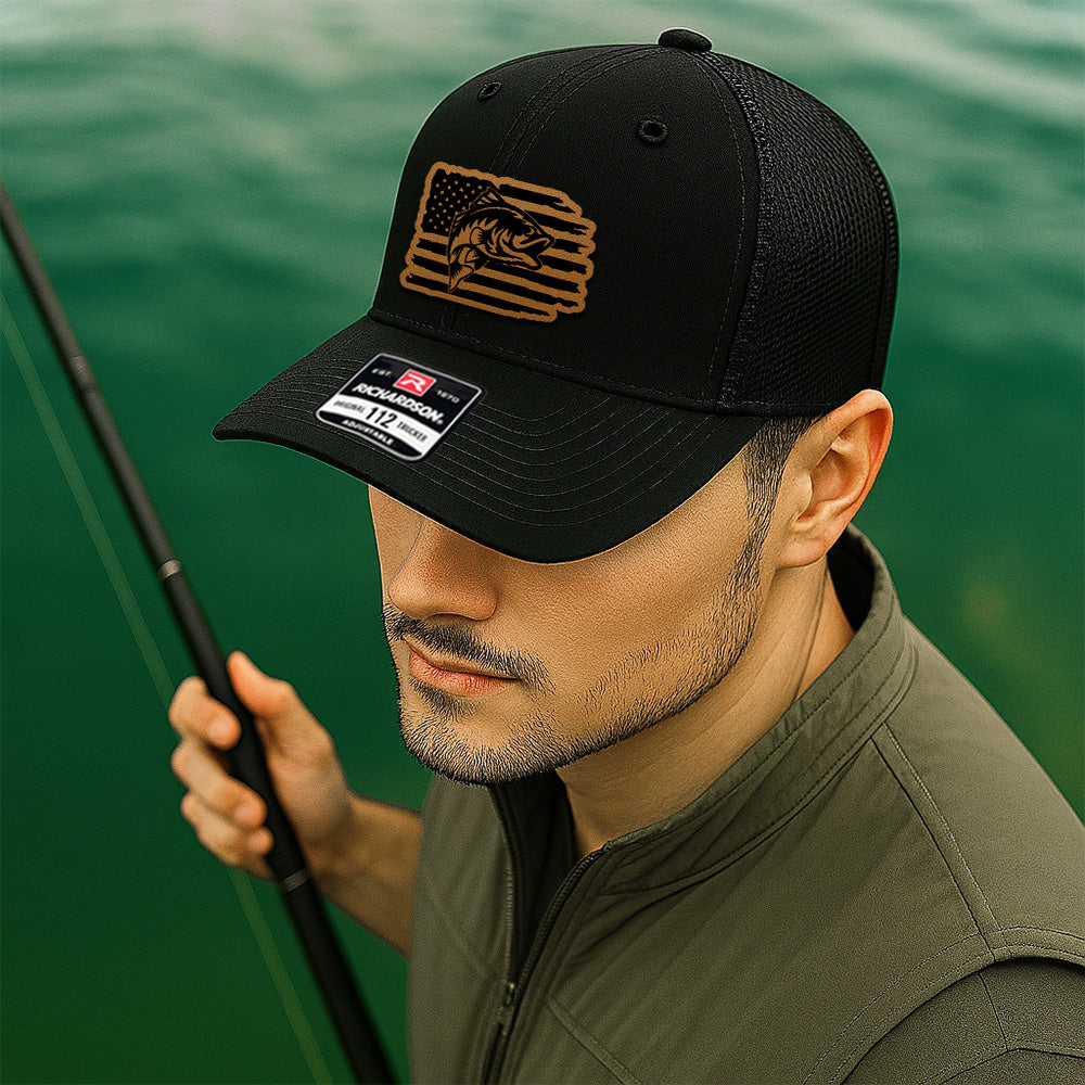 Personalized Fishing Distressed American Flag Trucker Hat – Custom Leather Patch Cap for Men THUC99MF03