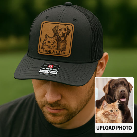 Custom Dog & Cat Photo Trucker Hat | Personalized Pet Patch Leather Patch Hat | Pet Memorial Gift TNGANSP032