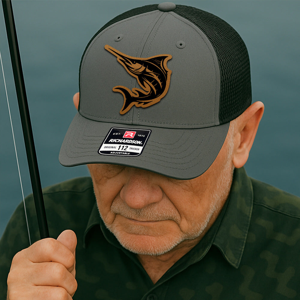 Custom Fishing Trucker Hat for Men – Personalized Leather Patch Hat Gift for Dad or Husband THUC99MF33